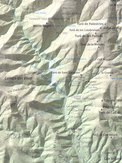 Mapa de relieve de Turó del Samont, 1273 m, Vallès Oriental, lámina 100 Cims de Trobart. Detalle de la zona inferior izquierda. 30 × 40 cm.