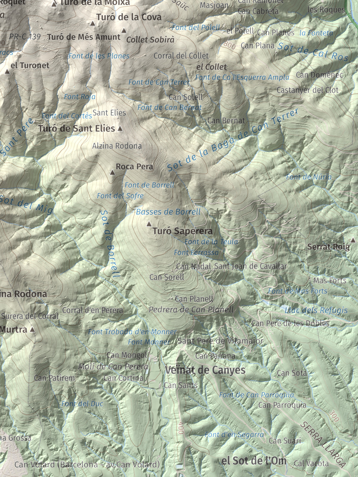 Mapa de relieve de Turó del Samont, 1273 m, Vallès Oriental, lámina 100 Cims de Trobart. Detalle de la zona inferior derecha. 30 × 40 cm.