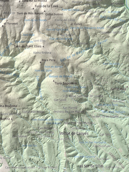 Mapa de relieve de Turó del Samont, 1273 m, Vallès Oriental, lámina 100 Cims de Trobart. Detalle de la zona inferior derecha. 30 × 40 cm.