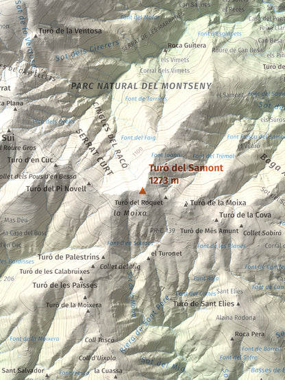 Mapa de relieve de Turó del Samont, 1273 m, Vallès Oriental, lámina 100 Cims de Trobart. Detalle de la zona central. 30 × 40 cm.