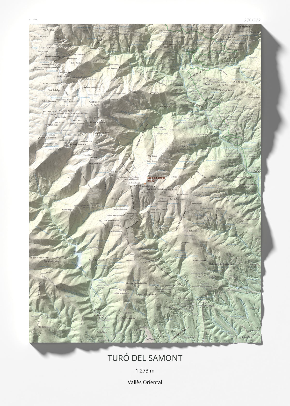 Mapa de relieve de Turó del Samont, 1273 m, Vallès Oriental, lámina 100 Cims de Trobart 50 × 70 cm.