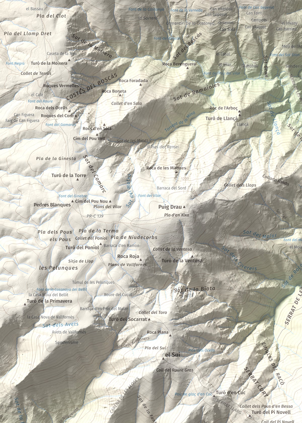 Mapa de relieve de Turó del Samont, 1273 m, Vallès Oriental, lámina 100 Cims de Trobart. Detalle de la zona superior izquierda. 50 × 70 cm.