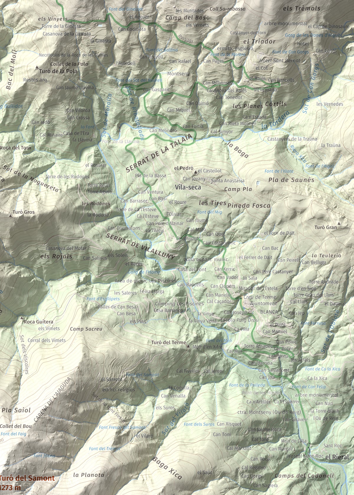 Mapa de relieve de Turó del Samont, 1273 m, Vallès Oriental, lámina 100 Cims de Trobart. Detalle de la zona superior derecha. 50 × 70 cm.