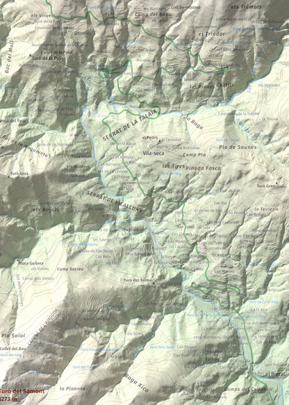 Mapa de relieve de Turó del Samont, 1273 m, Vallès Oriental, lámina 100 Cims de Trobart. Detalle de la zona superior derecha. 50 × 70 cm.