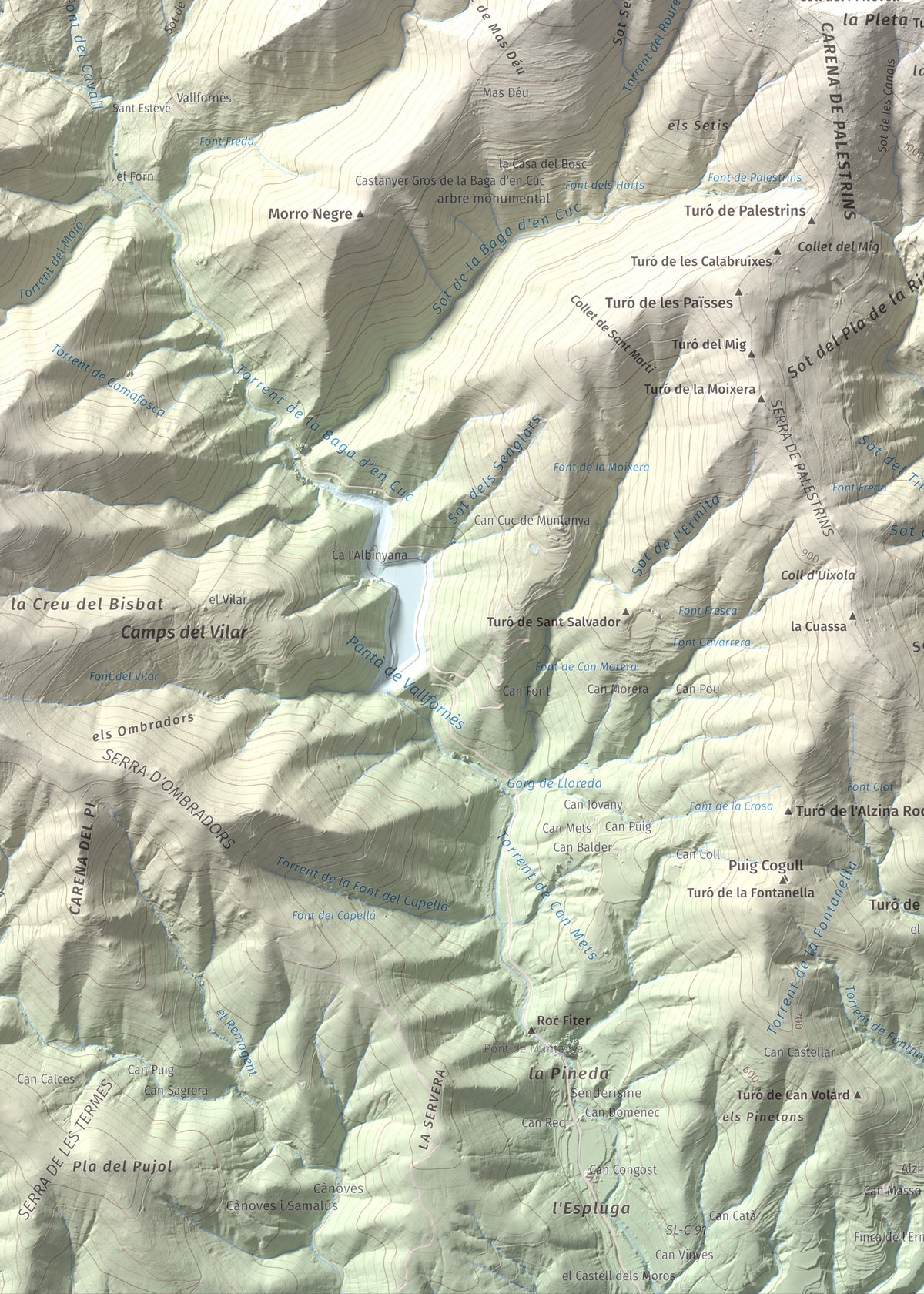 Mapa de relieve de Turó del Samont, 1273 m, Vallès Oriental, lámina 100 Cims de Trobart. Detalle de la zona inferior izquierda. 50 × 70 cm.