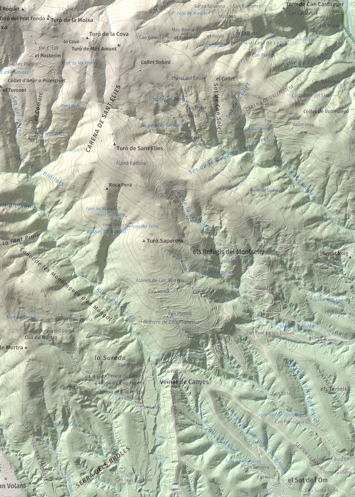 Mapa de relieve de Turó del Samont, 1273 m, Vallès Oriental, lámina 100 Cims de Trobart. Detalle de la zona inferior derecha. 50 × 70 cm.