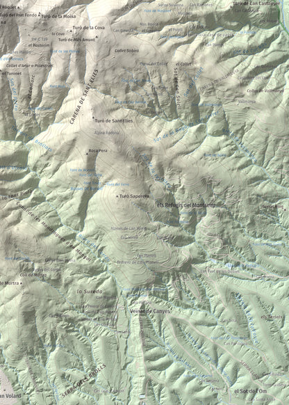 Mapa de relieve de Turó del Samont, 1273 m, Vallès Oriental, lámina 100 Cims de Trobart. Detalle de la zona inferior derecha. 50 × 70 cm.