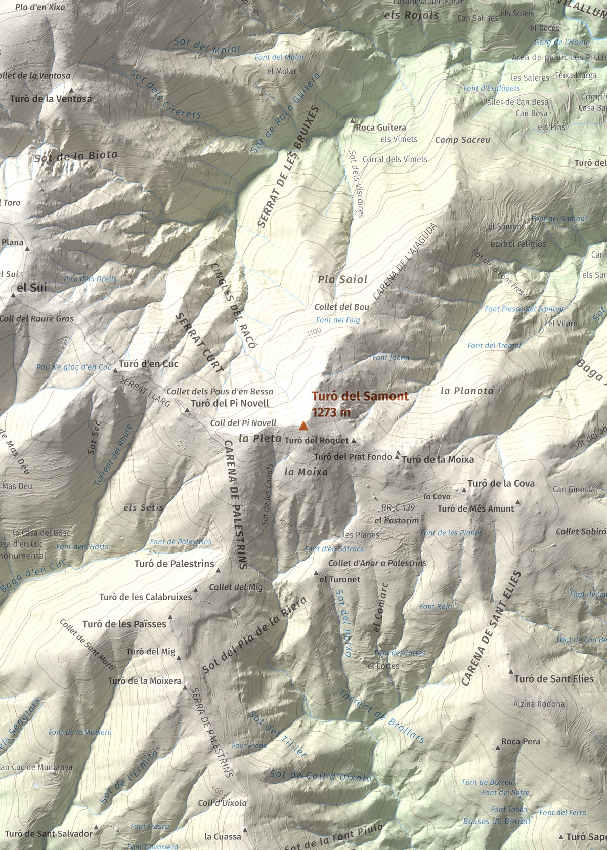 Mapa de relieve de Turó del Samont, 1273 m, Vallès Oriental, lámina 100 Cims de Trobart. Detalle de la zona central. 50 × 70 cm.