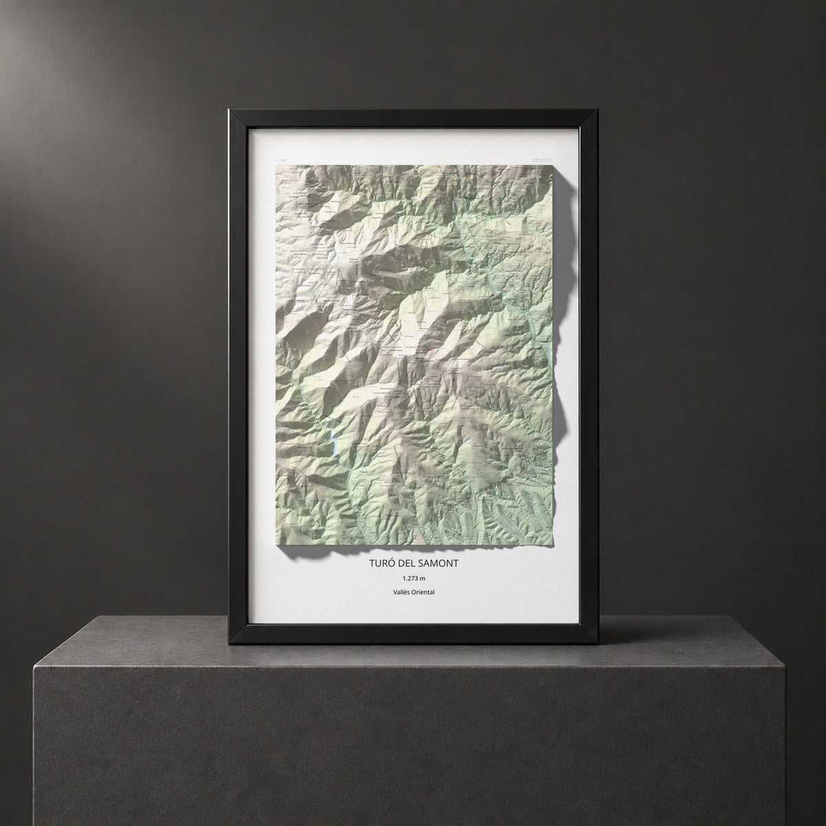 Mapa de relieve de Turó del Samont, 1273 m, Vallès Oriental, lámina 100 Cims de Trobart. Presentación enmarcada. 61 × 91 cm.