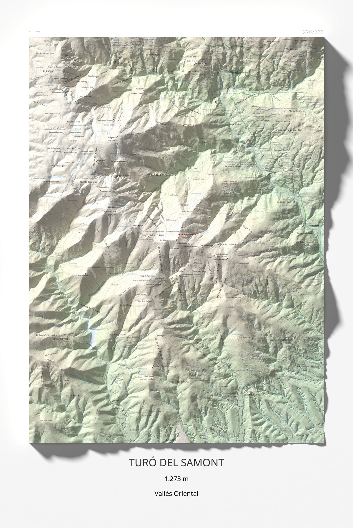 Mapa de relieve de Turó del Samont, 1273 m, Vallès Oriental, lámina 100 Cims de Trobart 61 × 91 cm.
