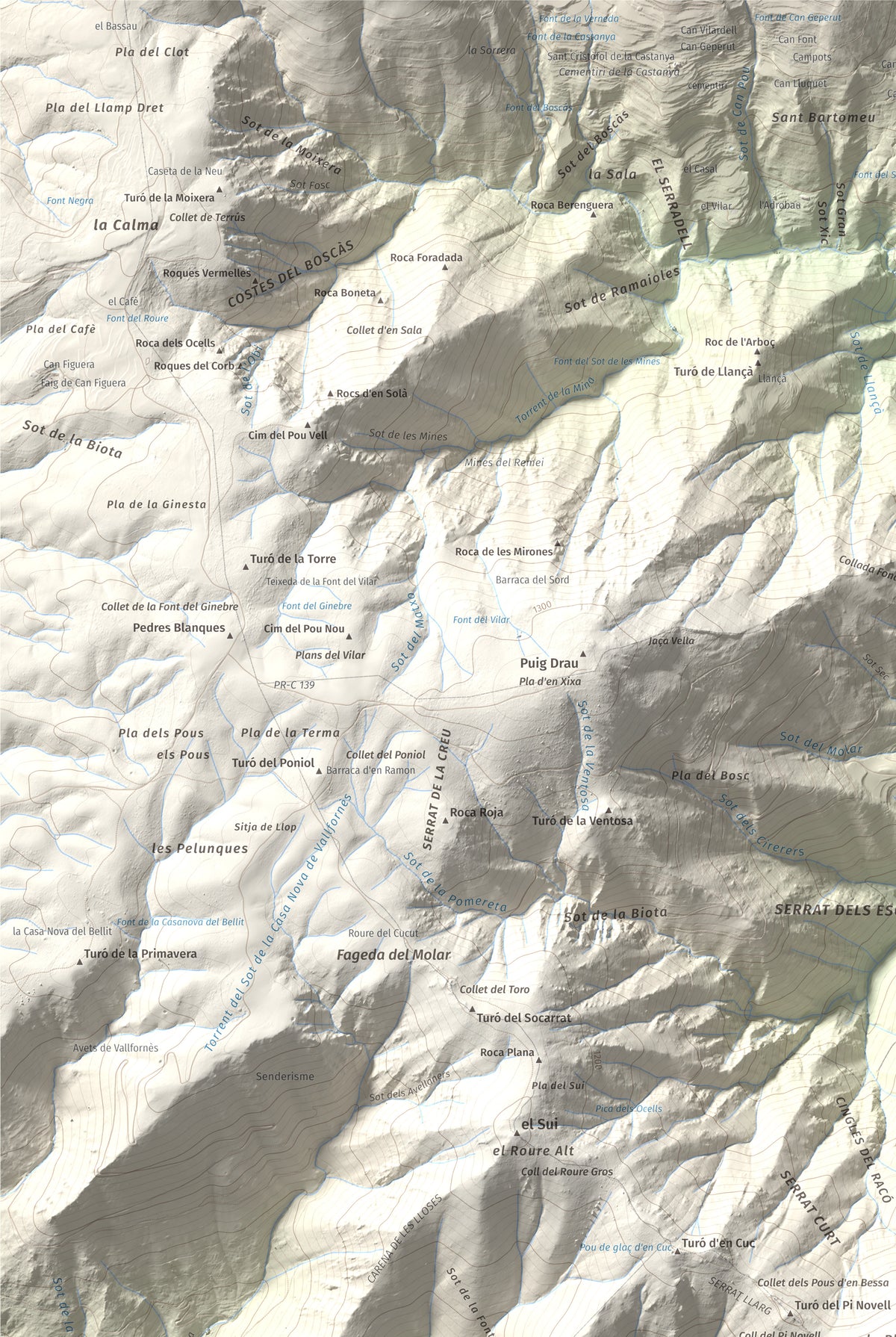 Mapa de relieve de Turó del Samont, 1273 m, Vallès Oriental, lámina 100 Cims de Trobart. Detalle de la zona superior izquierda. 61 × 91 cm.