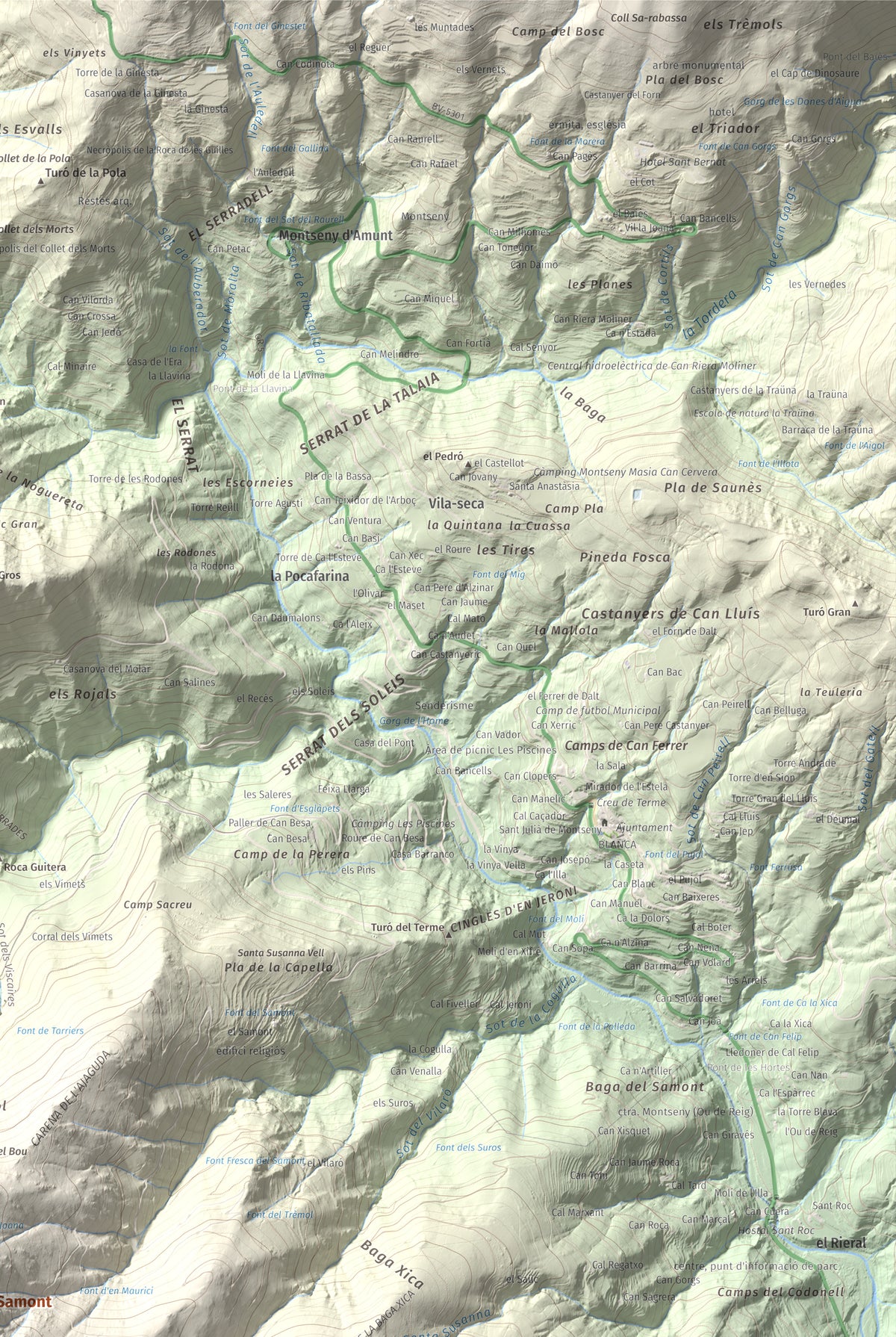 Mapa de relieve de Turó del Samont, 1273 m, Vallès Oriental, lámina 100 Cims de Trobart. Detalle de la zona superior derecha. 61 × 91 cm.