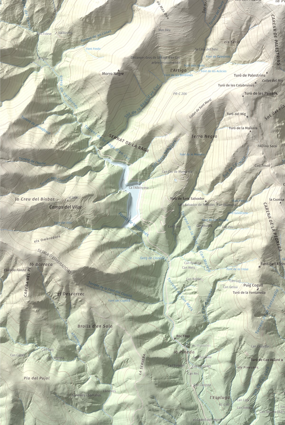 Mapa de relieve de Turó del Samont, 1273 m, Vallès Oriental, lámina 100 Cims de Trobart. Detalle de la zona inferior izquierda. 61 × 91 cm.