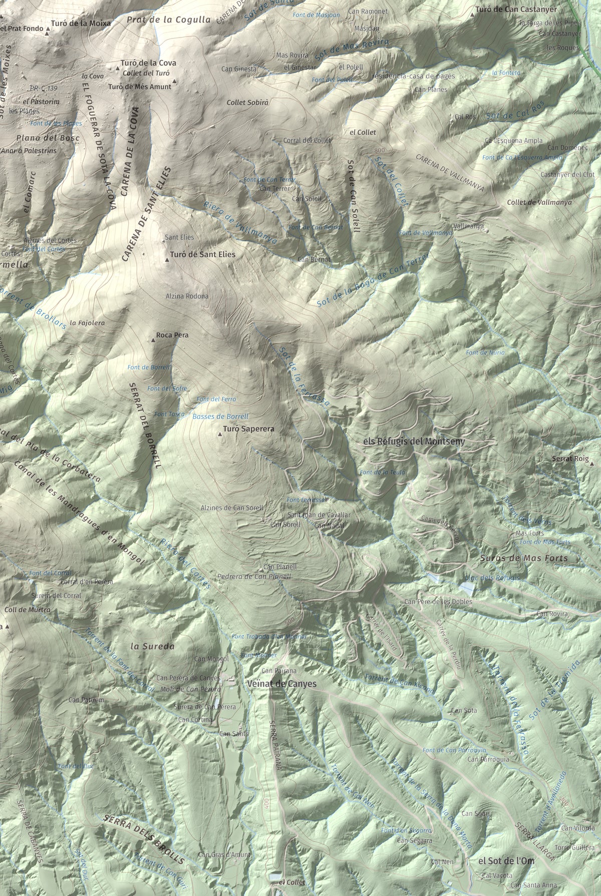 Mapa de relieve de Turó del Samont, 1273 m, Vallès Oriental, lámina 100 Cims de Trobart. Detalle de la zona inferior derecha. 61 × 91 cm.