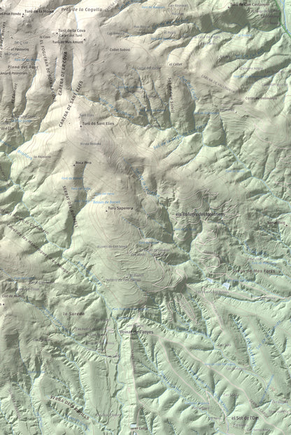 Mapa de relieve de Turó del Samont, 1273 m, Vallès Oriental, lámina 100 Cims de Trobart. Detalle de la zona inferior derecha. 61 × 91 cm.