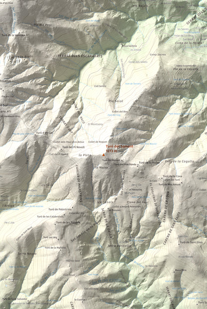 Mapa de relieve de Turó del Samont, 1273 m, Vallès Oriental, lámina 100 Cims de Trobart. Detalle de la zona central. 61 × 91 cm.