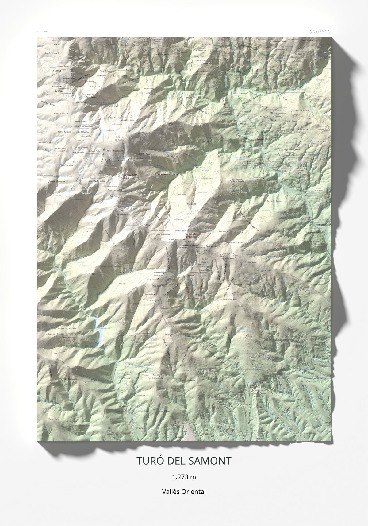 Mapa de relieve de Turó del Samont, 1273 m, Vallès Oriental, lámina 100 Cims de Trobart 70 × 100 cm.