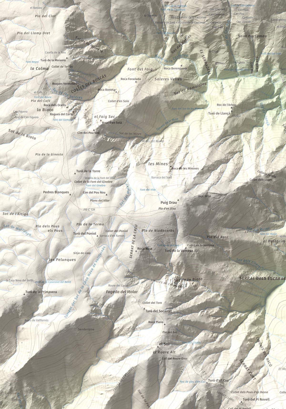 Mapa de relieve de Turó del Samont, 1273 m, Vallès Oriental, lámina 100 Cims de Trobart. Detalle de la zona superior izquierda. 70 × 100 cm.