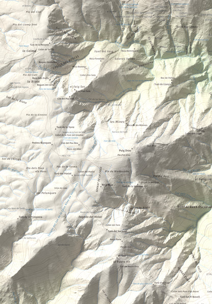 Mapa de relieve de Turó del Samont, 1273 m, Vallès Oriental, lámina 100 Cims de Trobart. Detalle de la zona superior izquierda. 70 × 100 cm.
