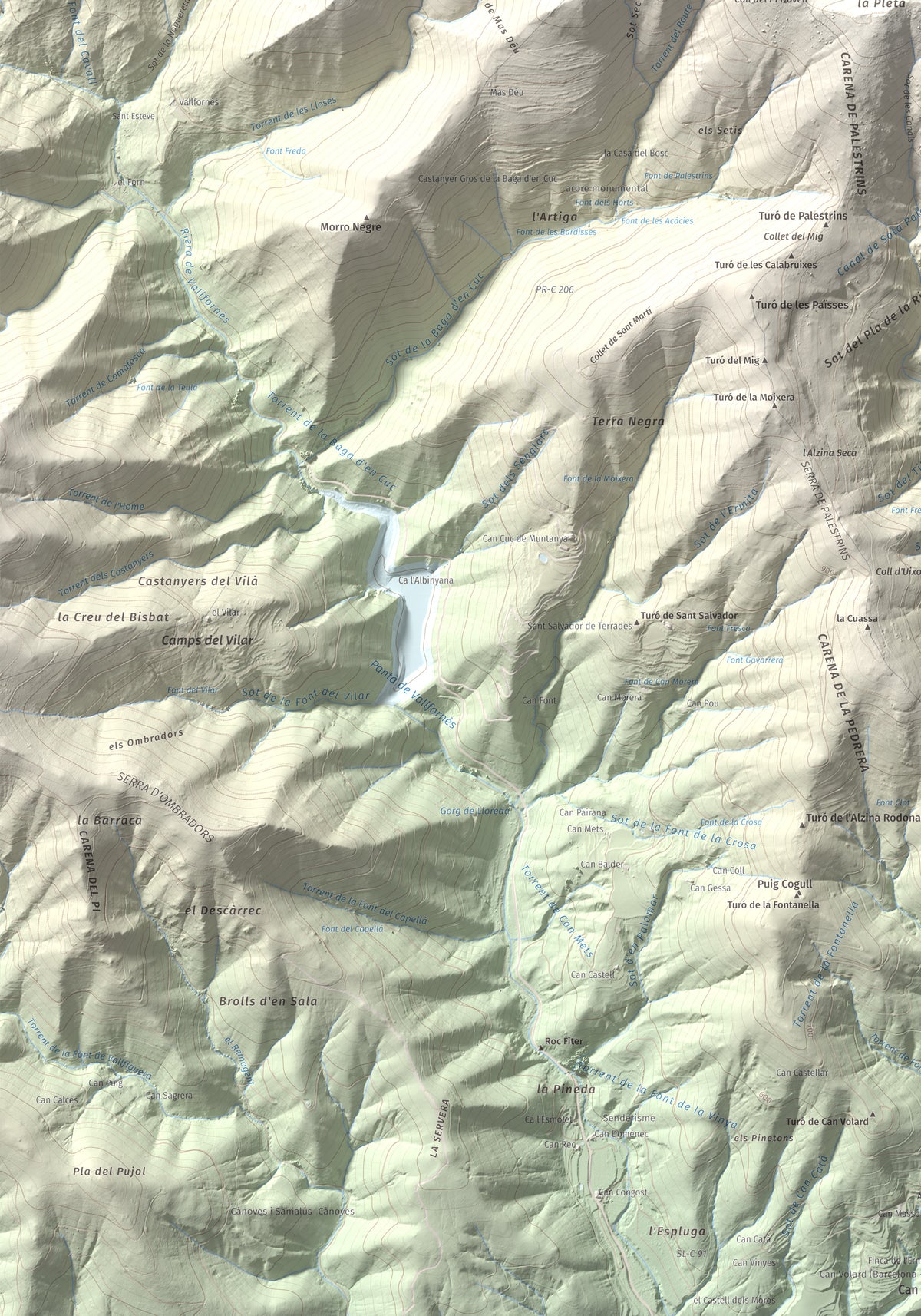 Mapa de relieve de Turó del Samont, 1273 m, Vallès Oriental, lámina 100 Cims de Trobart. Detalle de la zona inferior izquierda. 70 × 100 cm.