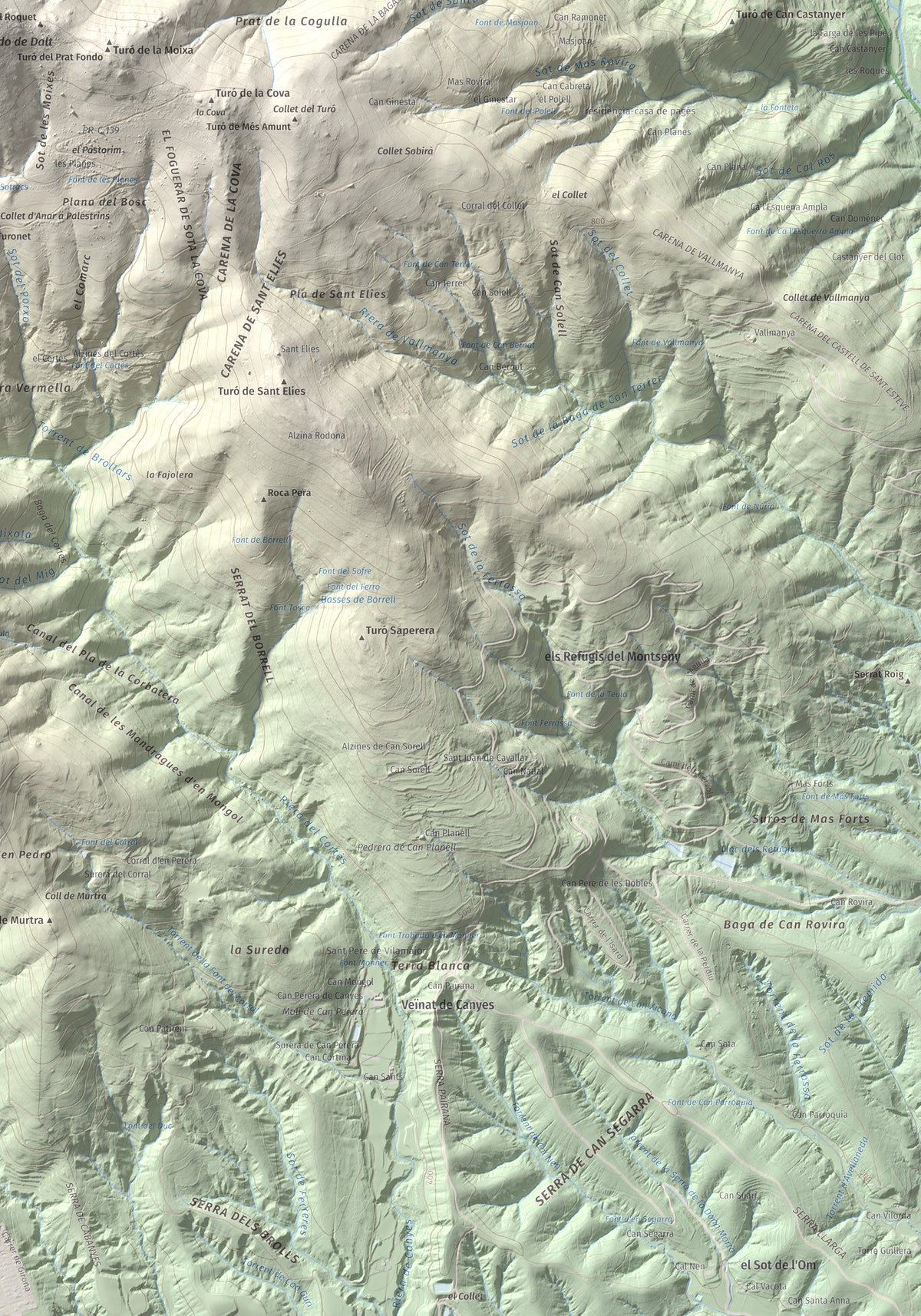Mapa de relieve de Turó del Samont, 1273 m, Vallès Oriental, lámina 100 Cims de Trobart. Detalle de la zona inferior derecha. 70 × 100 cm.