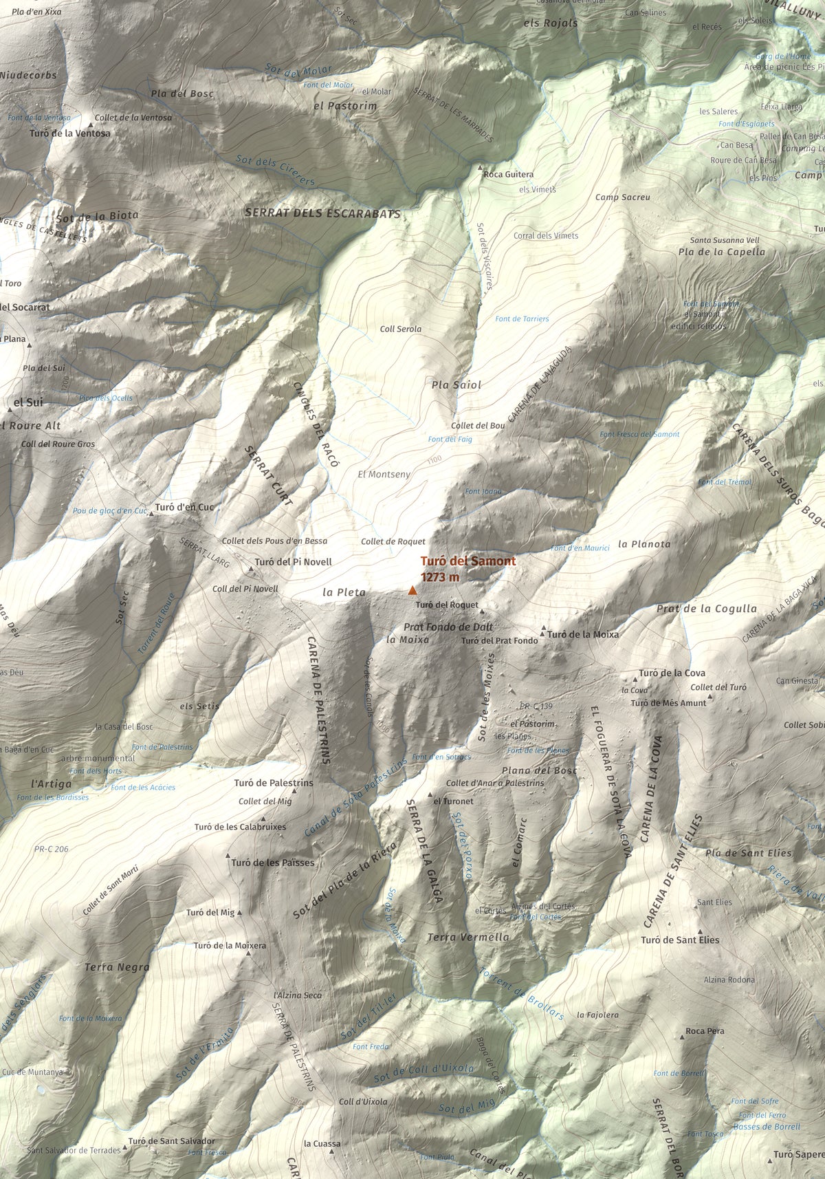 Mapa de relieve de Turó del Samont, 1273 m, Vallès Oriental, lámina 100 Cims de Trobart. Detalle de la zona central. 70 × 100 cm.