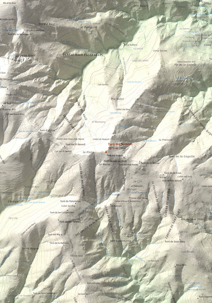 Mapa de relieve de Turó del Samont, 1273 m, Vallès Oriental, lámina 100 Cims de Trobart. Detalle de la zona central. 70 × 100 cm.