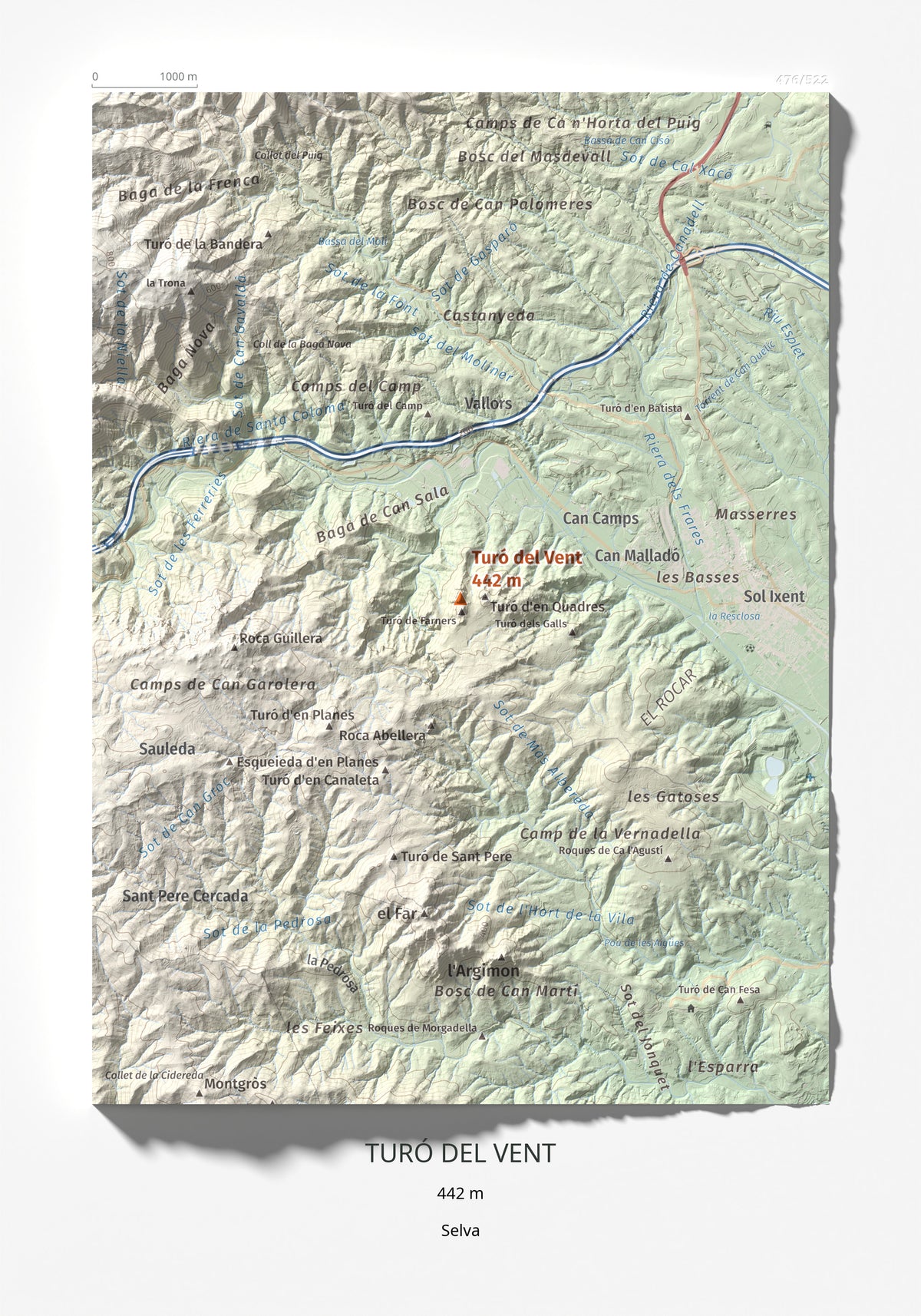 Mapa de relieve de Turó del Vent, 442 m, Selva, lámina 100 Cims de Trobart 21 × 30 cm.