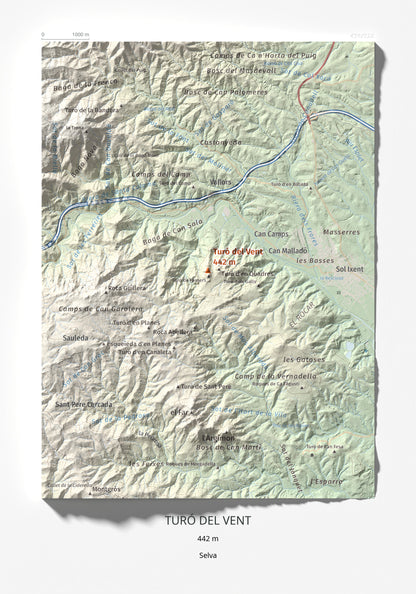 Mapa de relieve de Turó del Vent, 442 m, Selva, lámina 100 Cims de Trobart 21 × 30 cm.