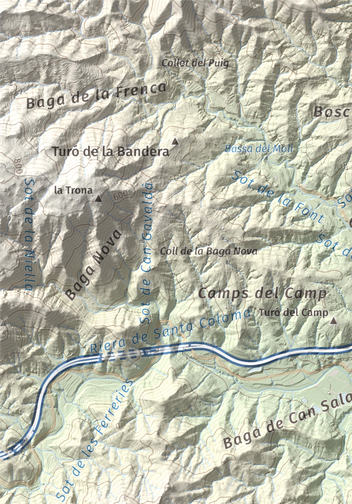 Mapa de relieve de Turó del Vent, 442 m, Selva, lámina 100 Cims de Trobart. Detalle de la zona superior izquierda. 21 × 30 cm.