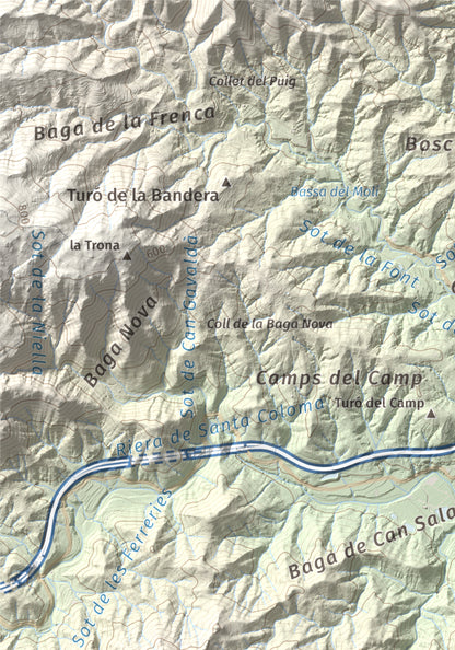 Mapa de relieve de Turó del Vent, 442 m, Selva, lámina 100 Cims de Trobart. Detalle de la zona superior izquierda. 21 × 30 cm.