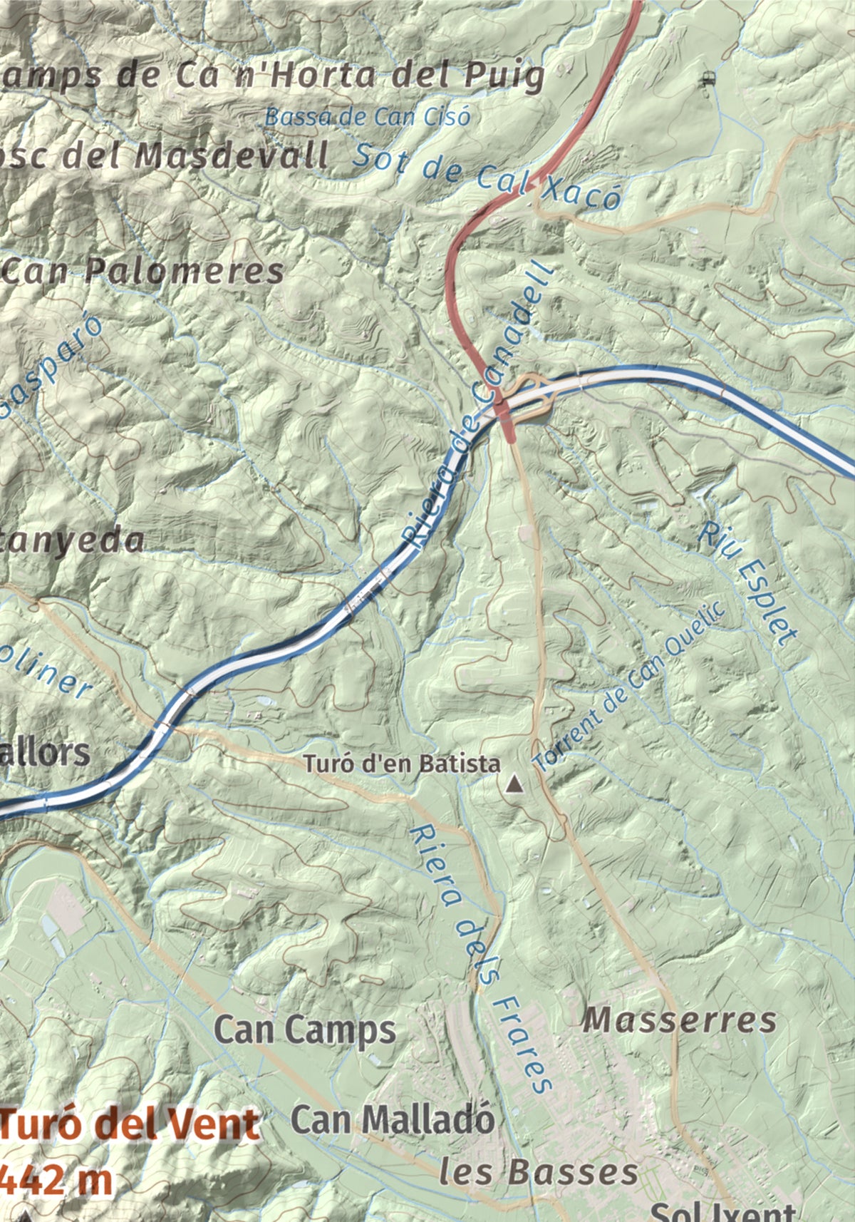 Mapa de relieve de Turó del Vent, 442 m, Selva, lámina 100 Cims de Trobart. Detalle de la zona superior derecha. 21 × 30 cm.