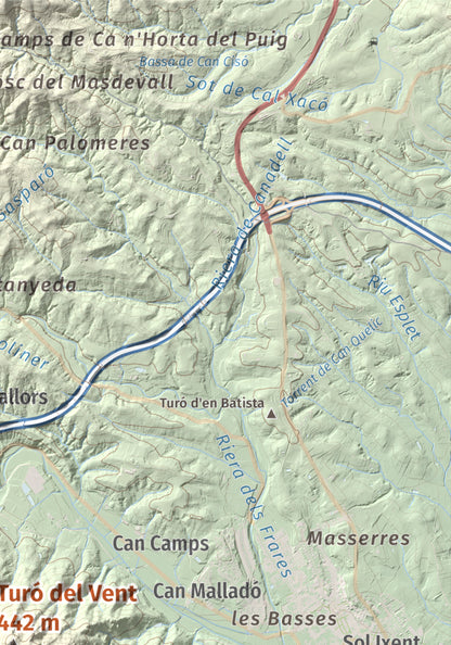 Mapa de relieve de Turó del Vent, 442 m, Selva, lámina 100 Cims de Trobart. Detalle de la zona superior derecha. 21 × 30 cm.