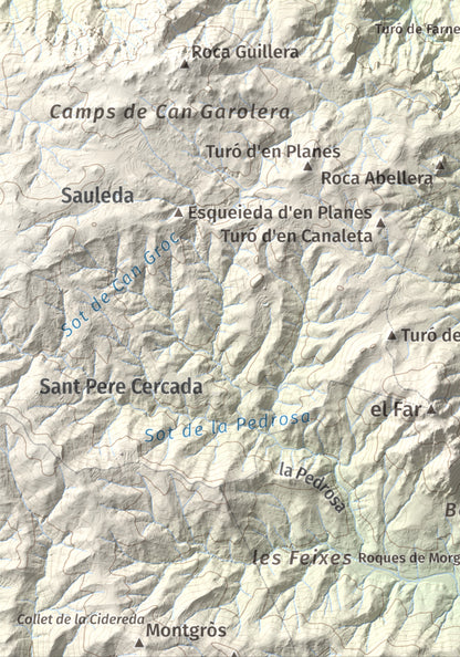 Mapa de relieve de Turó del Vent, 442 m, Selva, lámina 100 Cims de Trobart. Detalle de la zona inferior izquierda. 21 × 30 cm.