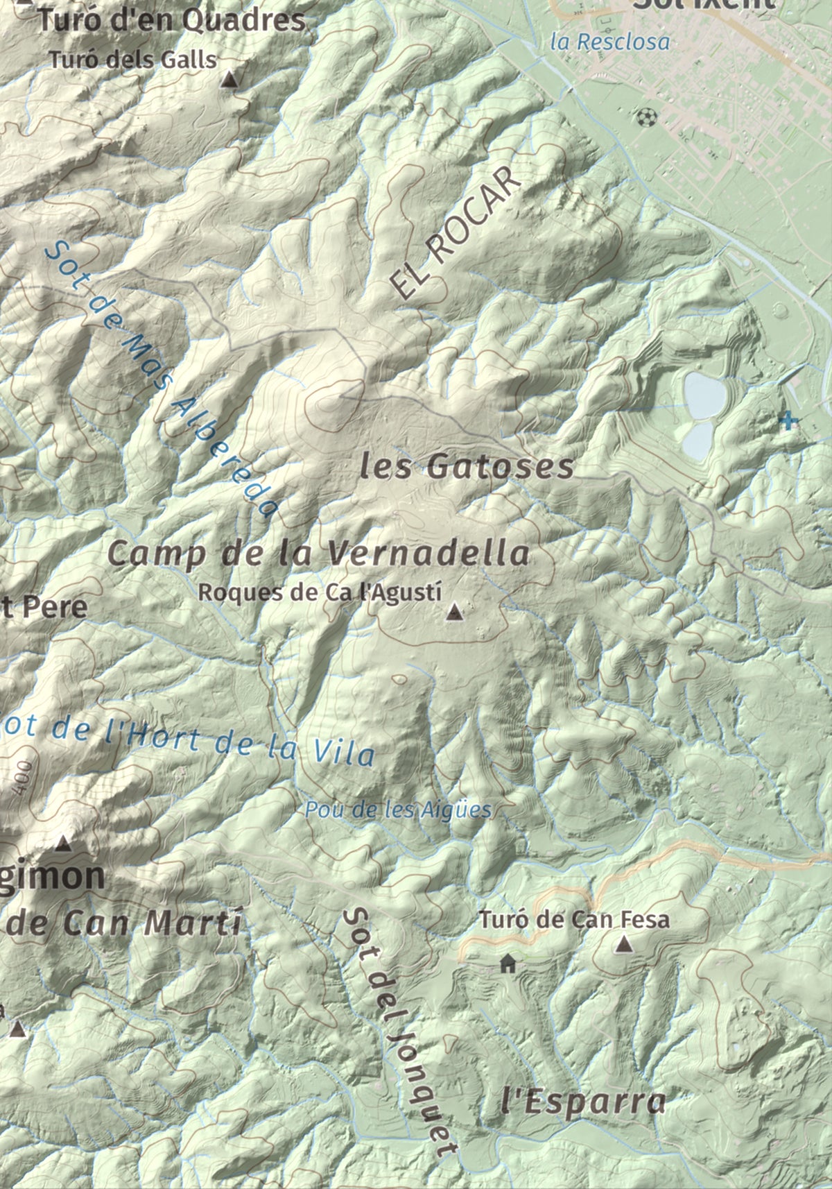 Mapa de relieve de Turó del Vent, 442 m, Selva, lámina 100 Cims de Trobart. Detalle de la zona inferior derecha. 21 × 30 cm.