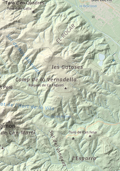 Mapa de relieve de Turó del Vent, 442 m, Selva, lámina 100 Cims de Trobart. Detalle de la zona inferior derecha. 21 × 30 cm.