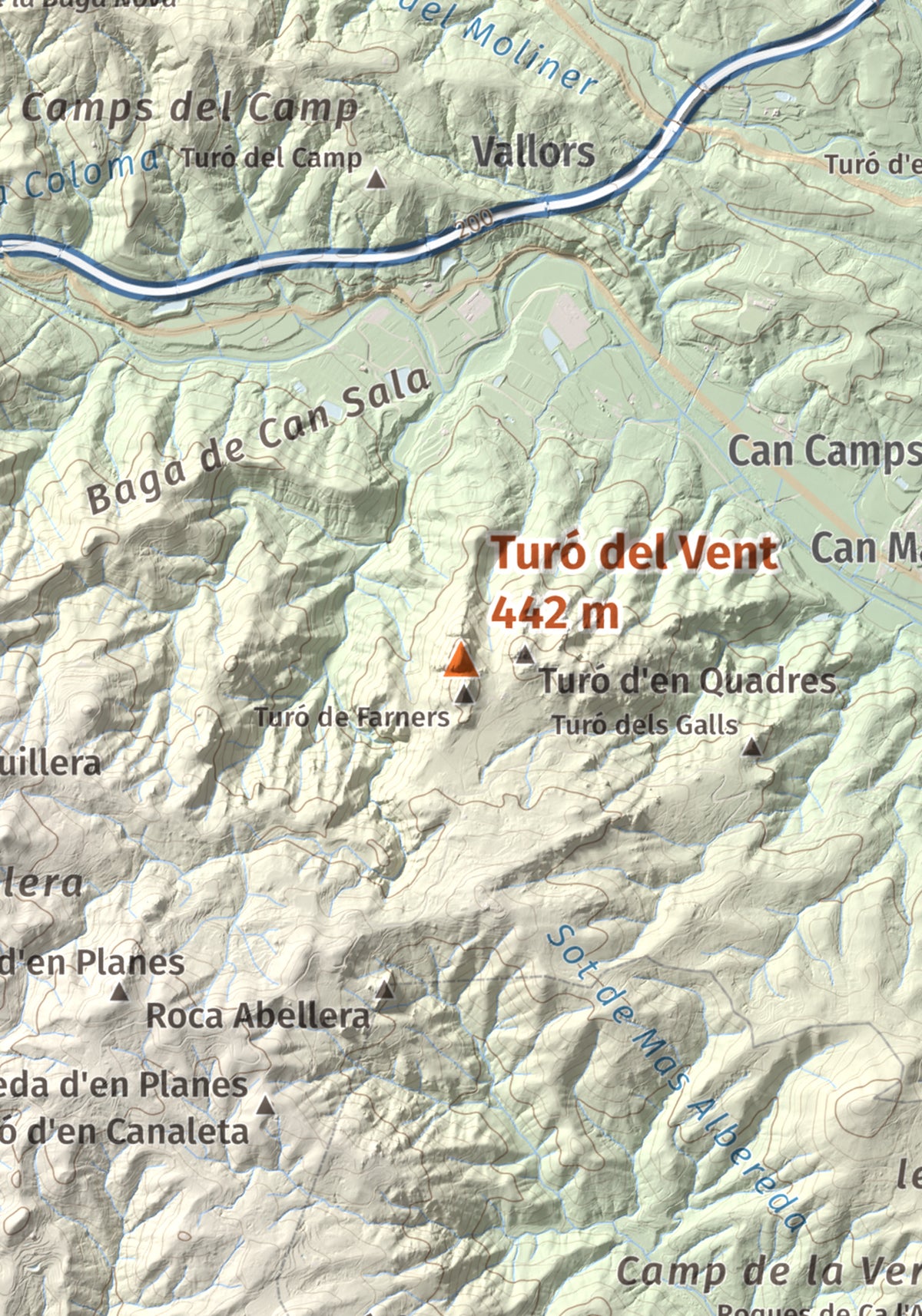 Mapa de relieve de Turó del Vent, 442 m, Selva, lámina 100 Cims de Trobart. Detalle de la zona central. 21 × 30 cm.