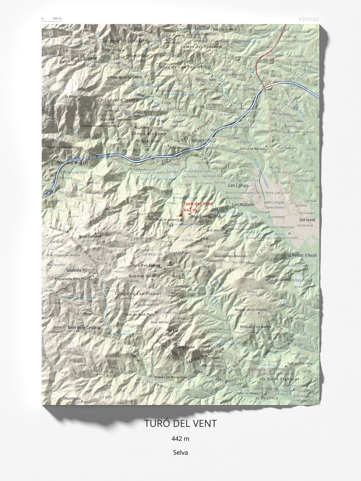Mapa de relieve de Turó del Vent, 442 m, Selva, lámina 100 Cims de Trobart 30 × 40 cm.