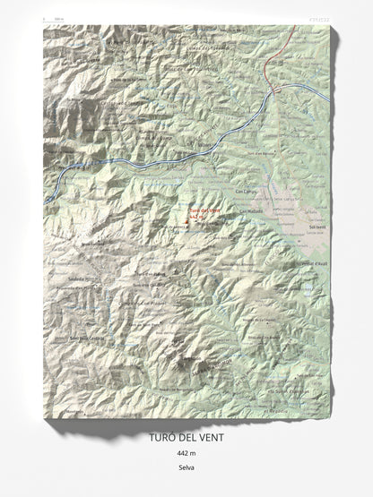 Mapa de relieve de Turó del Vent, 442 m, Selva, lámina 100 Cims de Trobart 30 × 40 cm.