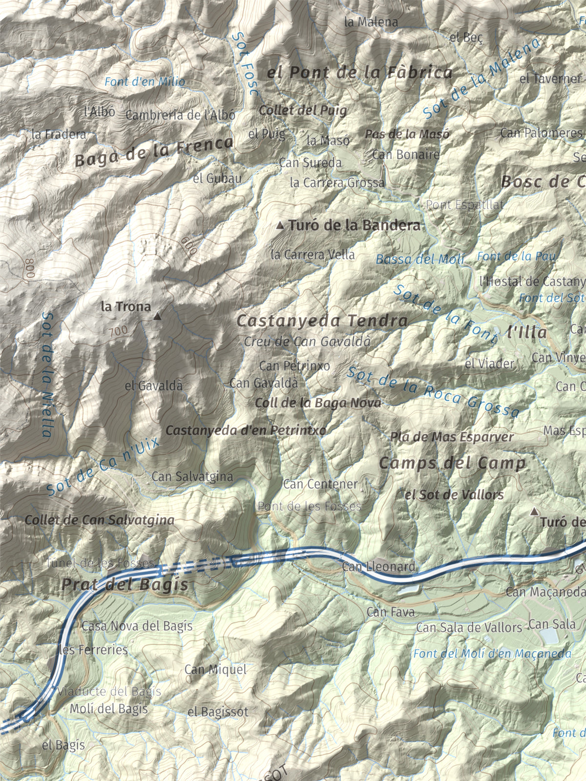 Mapa de relieve de Turó del Vent, 442 m, Selva, lámina 100 Cims de Trobart. Detalle de la zona superior izquierda. 30 × 40 cm.