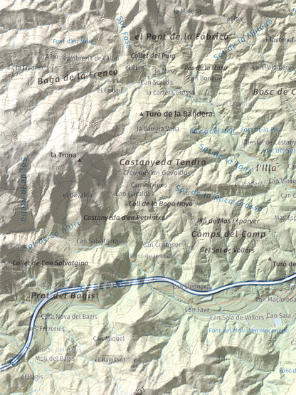 Mapa de relieve de Turó del Vent, 442 m, Selva, lámina 100 Cims de Trobart. Detalle de la zona superior izquierda. 30 × 40 cm.