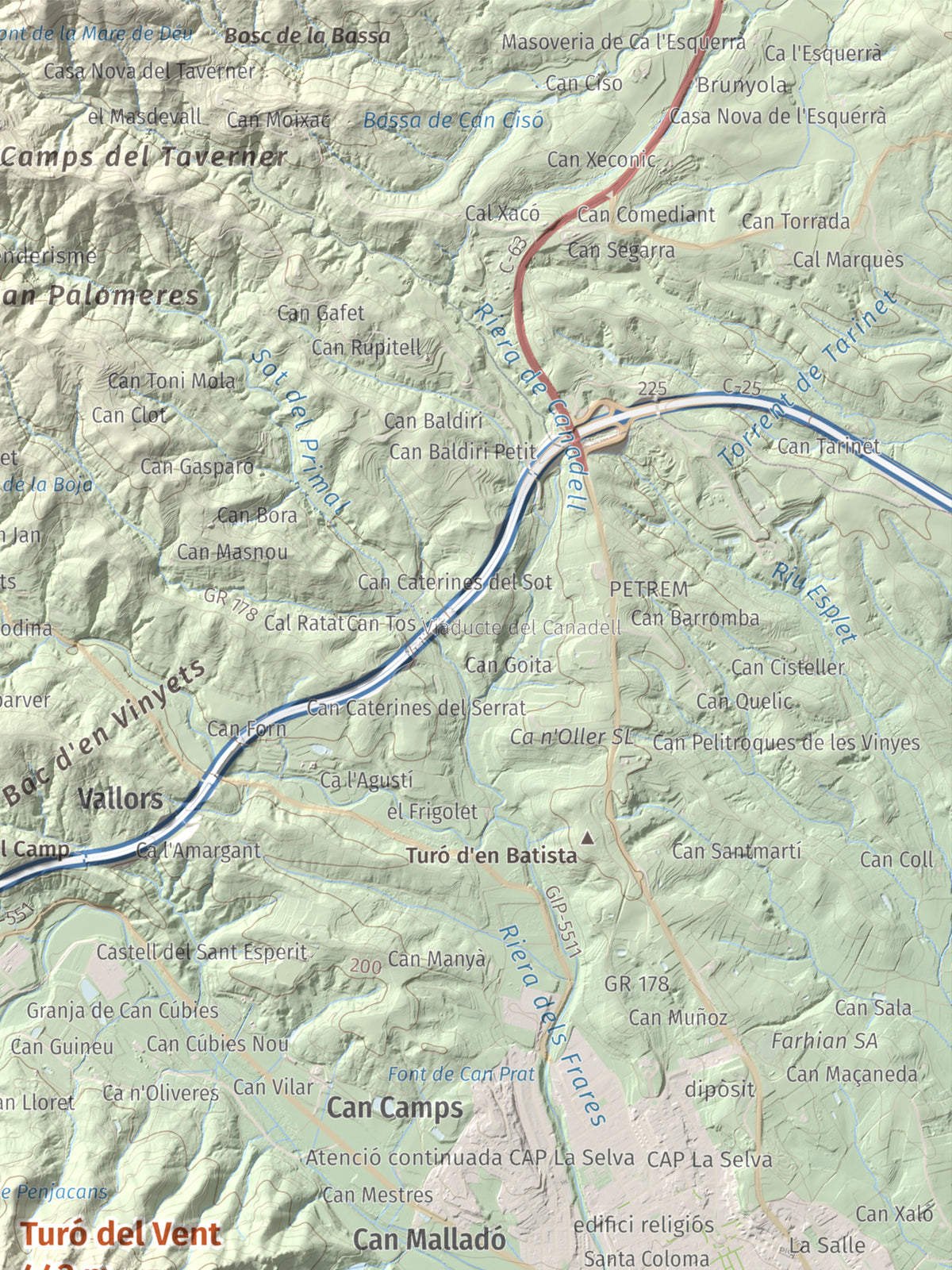 Mapa de relieve de Turó del Vent, 442 m, Selva, lámina 100 Cims de Trobart. Detalle de la zona superior derecha. 30 × 40 cm.