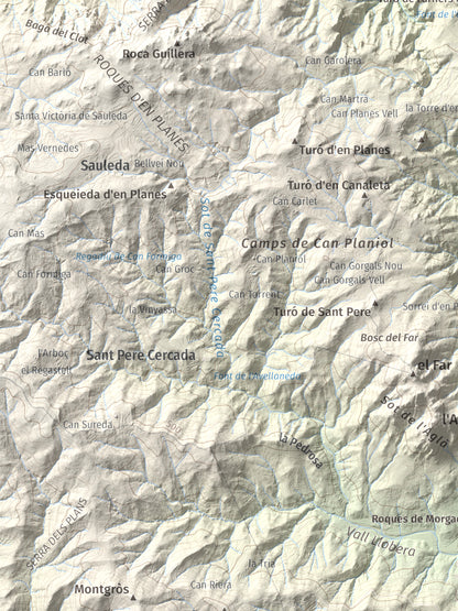Mapa de relieve de Turó del Vent, 442 m, Selva, lámina 100 Cims de Trobart. Detalle de la zona inferior izquierda. 30 × 40 cm.