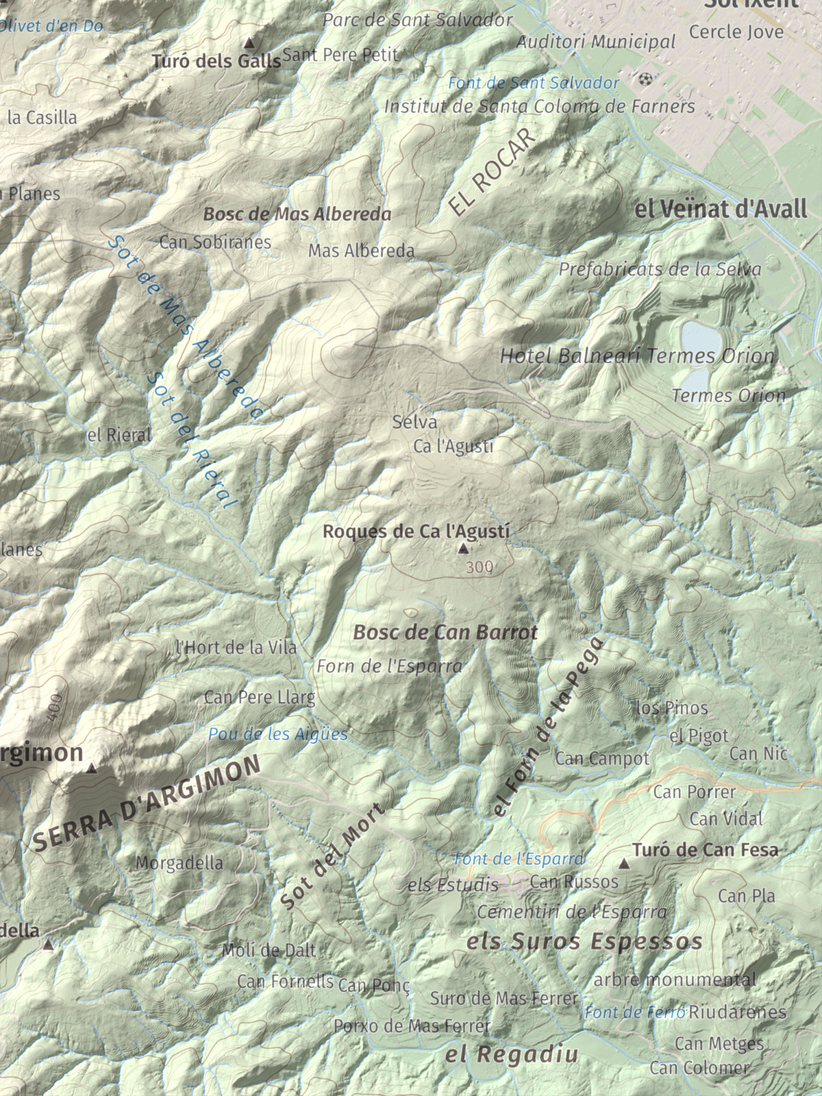 Mapa de relieve de Turó del Vent, 442 m, Selva, lámina 100 Cims de Trobart. Detalle de la zona inferior derecha. 30 × 40 cm.