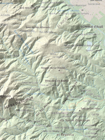 Mapa de relieve de Turó del Vent, 442 m, Selva, lámina 100 Cims de Trobart. Detalle de la zona inferior derecha. 30 × 40 cm.