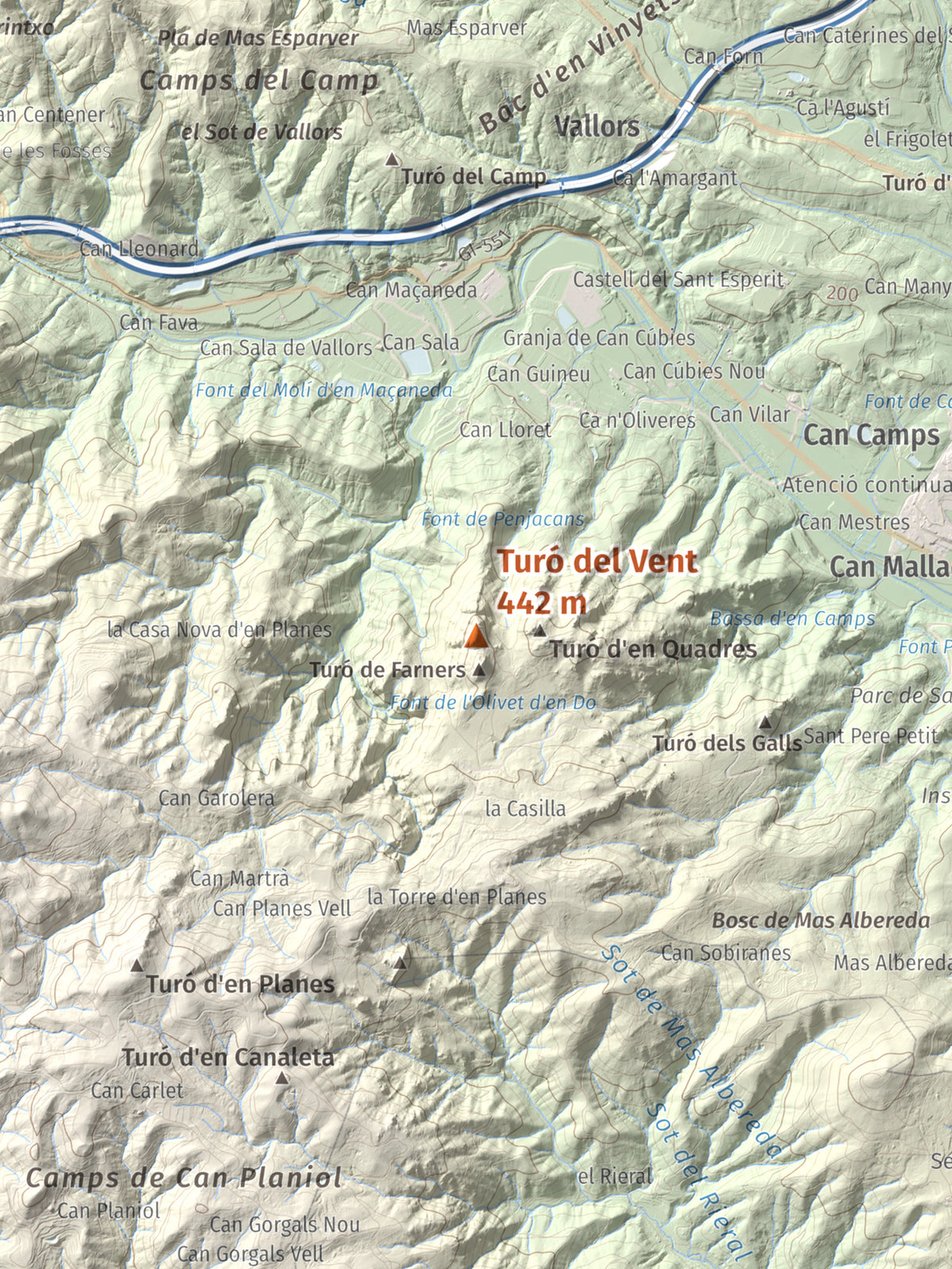 Mapa de relieve de Turó del Vent, 442 m, Selva, lámina 100 Cims de Trobart. Detalle de la zona central. 30 × 40 cm.