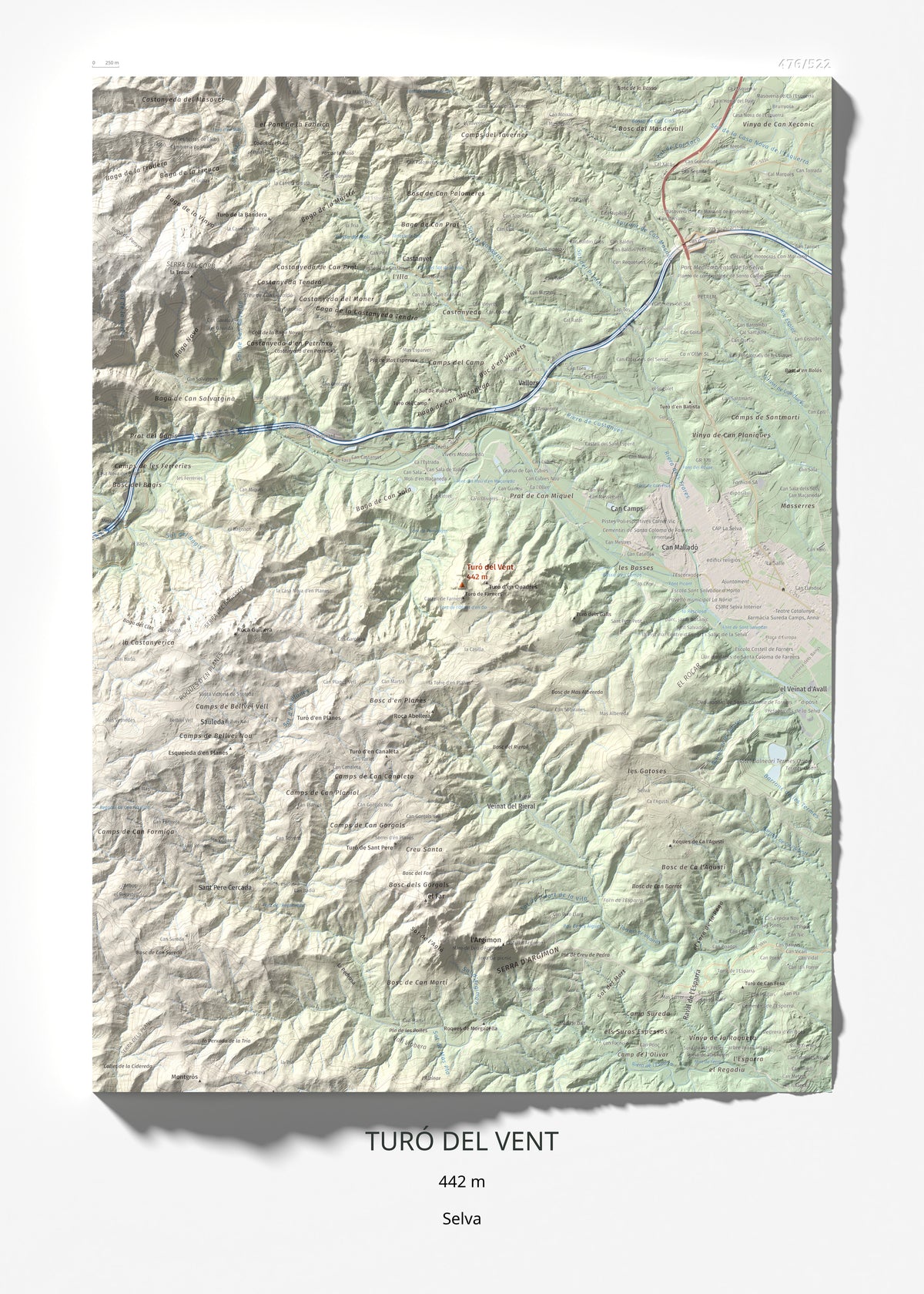 Mapa de relieve de Turó del Vent, 442 m, Selva, lámina 100 Cims de Trobart 50 × 70 cm.