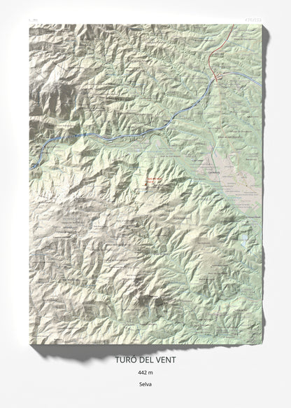 Mapa de relieve de Turó del Vent, 442 m, Selva, lámina 100 Cims de Trobart 50 × 70 cm.