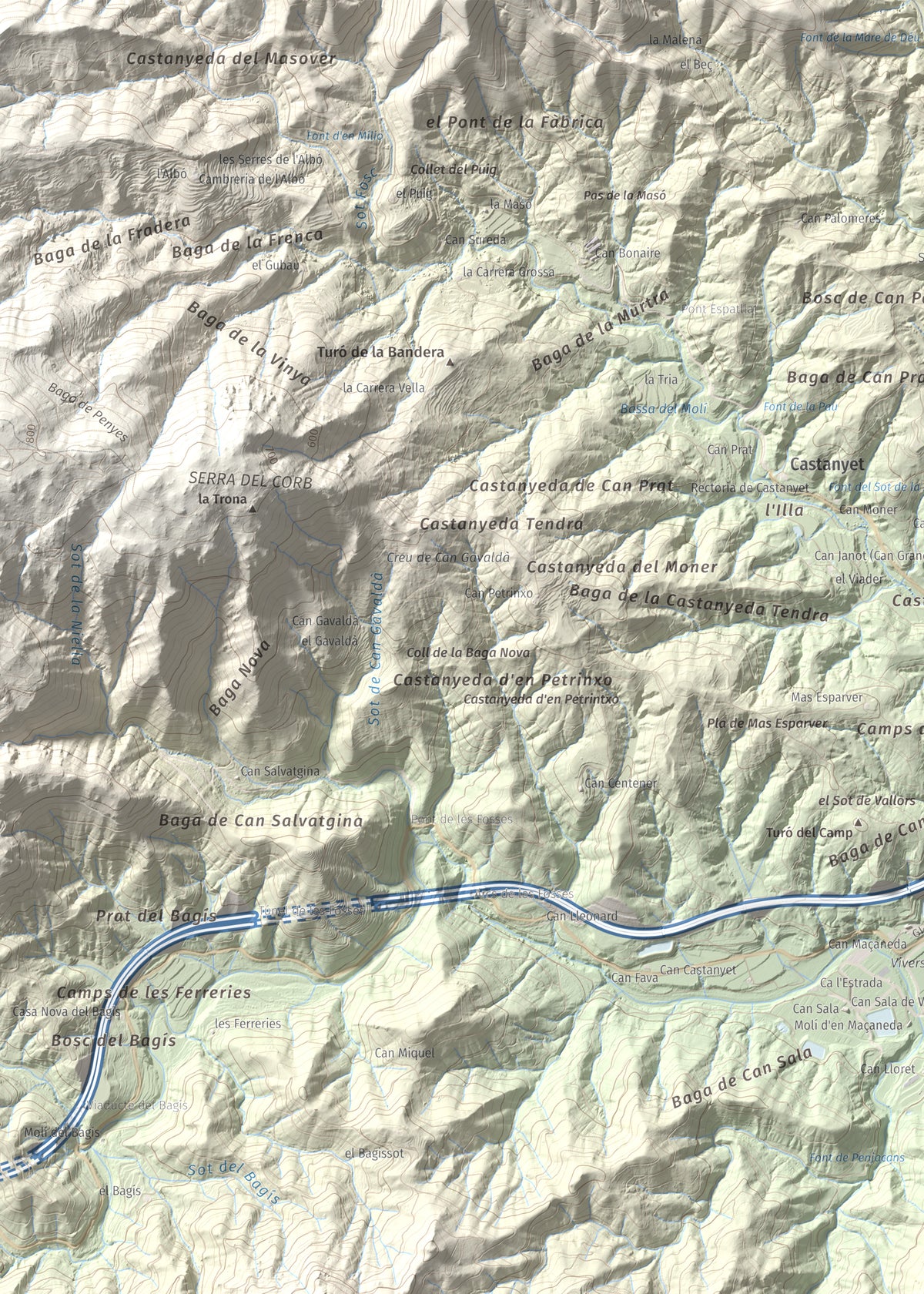 Mapa de relieve de Turó del Vent, 442 m, Selva, lámina 100 Cims de Trobart. Detalle de la zona superior izquierda. 50 × 70 cm.