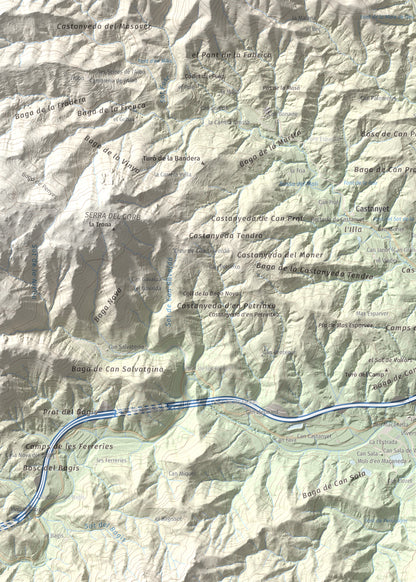 Mapa de relieve de Turó del Vent, 442 m, Selva, lámina 100 Cims de Trobart. Detalle de la zona superior izquierda. 50 × 70 cm.
